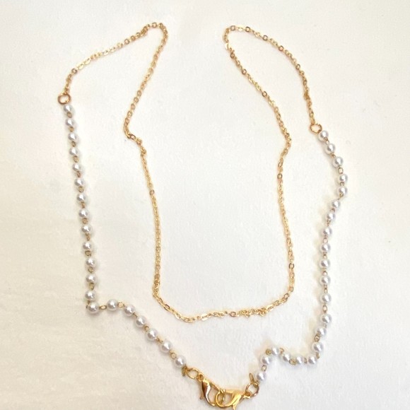 Opera Length Necklace Faux Pearl Back Gold Tone Cable Chain - Picture 4 of 5